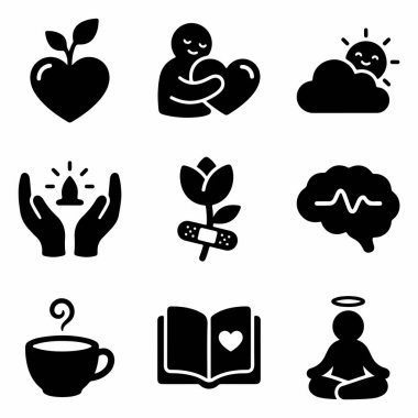 Zihinsel sağlık, özbakım ve refah ile ilgili dokuz sağlam siyah simge seti, aşk, şifa, farkındalık ve umut sembolleri, beyaz bir arka planda izole edilmiş..