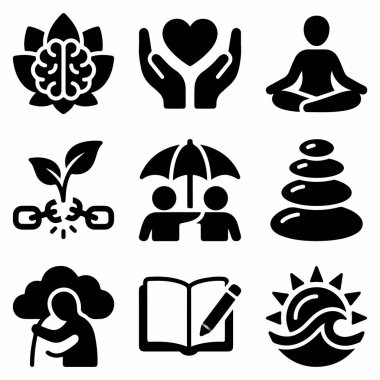 Farkındalık, destek, büyüme, denge ve uyum gibi kavramları temsil eden dokuz katı simgenin toplanması. Meditasyon, bakım ve doğa sembolleri içerir.