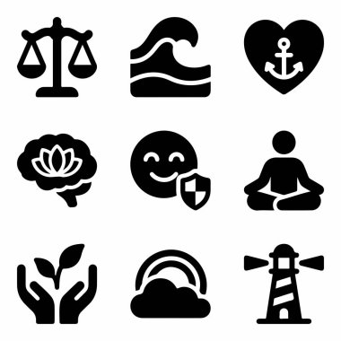 Denge, farkındalık, umut ve büyüme gibi kavramları temsil eden dokuz siyah katı simgeden oluşan bir set. Pul, nilüfer beyinli, meditasyon pozu ve deniz feneri sembolleri içerir..