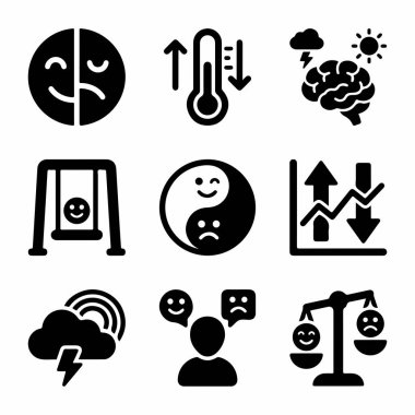 Ruh hali değişimleri, bipolar bozukluk, duygusal denge ve psikolojik durum gibi ruh sağlığı kavramlarını temsil eden dokuz siyah katı ikondan oluşan bir derleme..