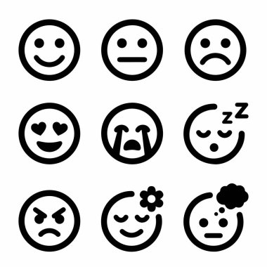Beyaz arka planda siyah çizgili dokuz tane minimalist emoticondan oluşan bir koleksiyon. Set mutlu, üzgün, kızgın, ağlayan, uyuyan ve aşk ifadelerini içeriyor..