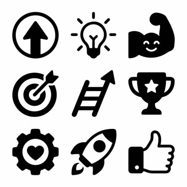 Beyaz arka planda hedef, fikir, güç, başarı, ilerleme gibi kavramları temsil eden dokuz basit siyah simge koleksiyonu ve başlangıç başarısı.