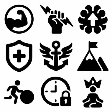 Fiziksel güç, zihinsel büyüme, başarı, sağlık, istikrar, çaba ve kendini yönetme gibi kavramları temsil eden dokuz siyah simgeden oluşan çok yönlü bir set..