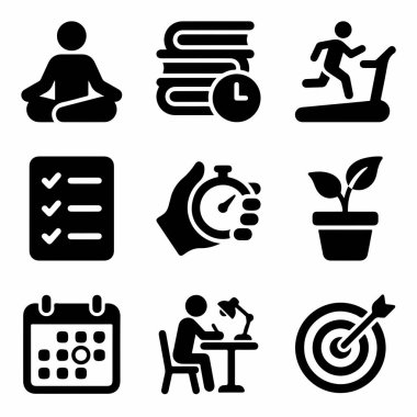 Disiplini, kendini geliştirmeyi ve üretkenliği temsil eden siyah simgelerden oluşan bir derleme. Meditasyon, egzersiz, çalışma, planlama ve hedef belirleme sembollerini içerir.