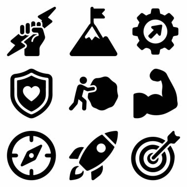 Güç, hedef, ilerleme, azim ve başarı gibi kavramları temsil eden dokuz vektör ikonundan oluşan bir derleme. Sunumlar, web siteleri ve bilgi grafikleri için ideal.