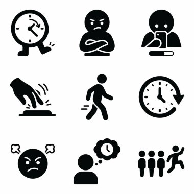 Bekleme, düş kırıklığı, teslim tarihi ve aciliyet gibi kavramları tasvir eden sağlam simgelerden oluşan bir derleme. Kızgın yüzler, çalışan rakamlar ve saatler içerir.