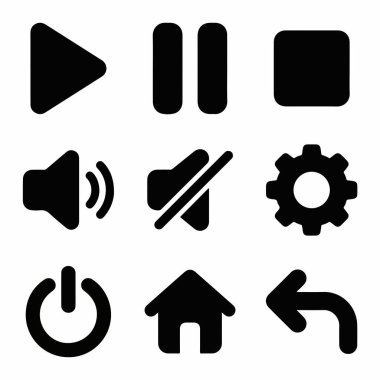 Oyun, duraklat, dur, ses, sessiz, ayarlar, güç, ev ve geri dahil dokuz temel simge koleksiyonu. Web ve uygulama tasarımı için basit vektör grafikleri.