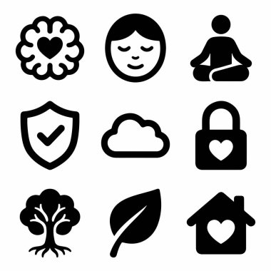 Farkındalık, meditasyon, aşk, doğa, güvenlik ve huzurlu bir ev gibi kavramları temsil eden dokuz siyah katı ikondan oluşan bir derleme. Sağlık uygulamaları ve web siteleri için mükemmel..