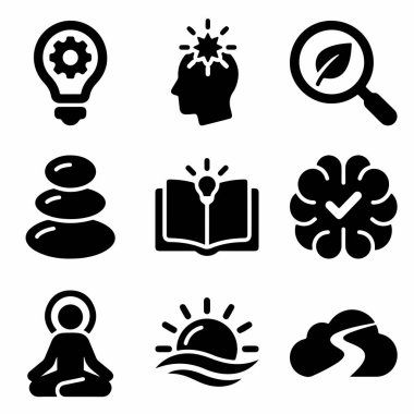 Zen dengesi, yaratıcı fikirler, zihinsel sağlık, meditasyon, öğrenme ve doğa gibi kavramları temsil eden dokuz siyah ve beyaz simgenin bir derlemesi.