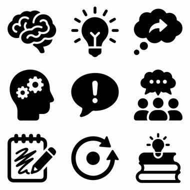 Beyin fırtınası, yeni fikirler, yaratıcı düşünce, işbirliği, öğrenme ve problem çözme süreçlerini temsil eden dokuz simge..