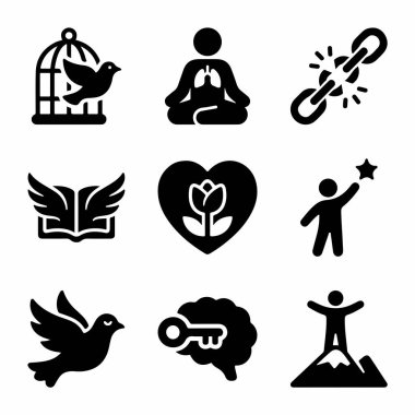 Özgürlük, meditasyon, başarı, bilgi ve kendini sevme gibi kavramları temsil eden dokuz siyah katı ikondan oluşan bir derleme. Kişisel gelişim ve zihinsel refahın sembolleri.