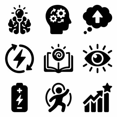 Beyaz arka planda, fikirler, düşünce, yenilenebilir enerji, bilgi, görme, güç ve başarı gibi kavramları sembolize eden dokuz katı siyah simge koleksiyonu..