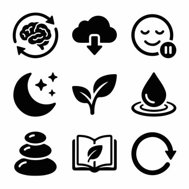 Ruh sağlığı, uyku, doğa, denge ve rahatlama gibi kavramları temsil eden dokuz basit siyah ikondan oluşan bir derleme. Sağlık uygulamaları ya da web siteleri için mükemmel.