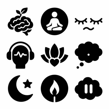 Meditasyon, akıl sağlığı, rahatlama, uyku ve ruhani refah gibi kavramları temsil eden dokuz siyah ve beyaz ikondan oluşan bir derleme. Beyin, nilüfer ve mum sembolleri içerir.