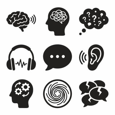 Bir dizi siyah kabartma simgesi beyaz arka planda kafa karışıklığı, iletişim kopukluğu ve zihinsel işleme gibi kavramları tasvir ediyor.