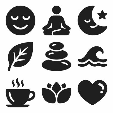 Yoga, meditasyon, doğa ve rahatlama sembolleri de dahil olmak üzere dokuz katı siyah ikonun bir araya getirilmesi barış, sağlık ve kişisel bakım kavramlarını temsil eder..