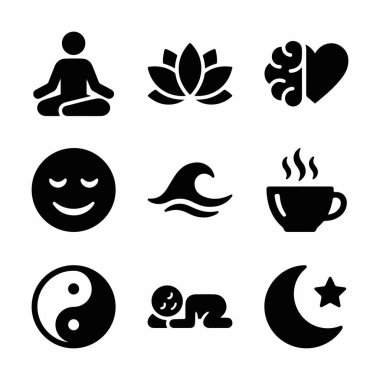 Barışı, rahatlığı ve refahı temsil eden siyah simgelerin toplanması. Yoga, nilüfer çiçeği, yin yang, akıl sağlığı ve sıcak bir içecek sembolleri içerir..