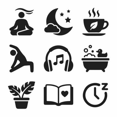 Rahatlama, yoga, meditasyon, okuma, müzik ve sıcak bir banyo gibi sağlıklı uyku rutinlerini temsil eden dokuz siyah ve beyaz ikondan oluşan bir koleksiyon..