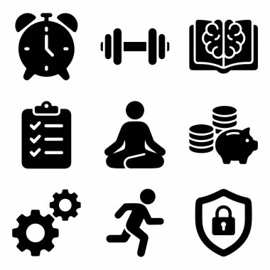 Egzersiz, öğrenme, finans, meditasyon, güvenlik ve zaman yönetimi gibi kişisel büyüme kavramlarını temsil eden dokuz sağlam simgenin toplanması.