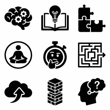 Yaratıcı düşünme, strateji, akıl sağlığı ve problem çözme gibi kavramları temsil eden dokuz tane siyah simge. Beyin, bulmaca, labirent ve meditasyon sembollerini içerir.