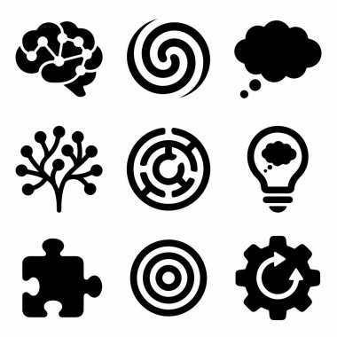 Beyin fırtınası, zeka, strateji ve yenilik gibi kavramları sembolize eden dokuz vektör ikonundan oluşan bir derleme. Beyaz arka planda izole edilmiş beyin, labirent, ampul ve bulmaca sembolleri içerir.