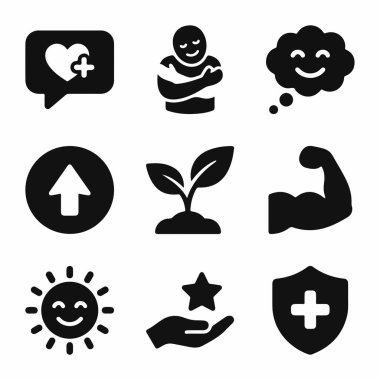 Kişisel bakım, büyüme, güç, sağlık, mutluluk ve web ve mobil uygulamalar için pozitif düşünme gibi pozitif kavramları temsil eden koyu siyah simgelerin bir derlemesi.