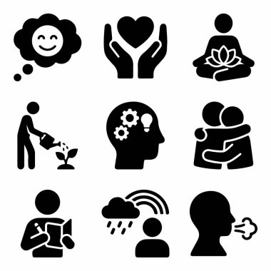 Olumlu düşünme, meditasyon, kişisel bakım, büyüme, empati, günlük tutma ve duygusal refah gibi zihinsel sağlık kavramlarını temsil eden siyah sembollerin bir derlemesi..