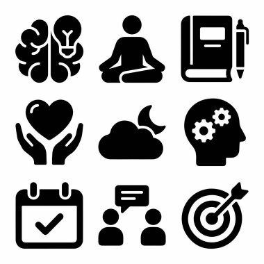 Farkındalık, hedef belirleme, öğrenme ve kişisel gelişim ve refah için kişisel bakım gibi kavramları temsil eden siyah sembollerin bir derlemesi.