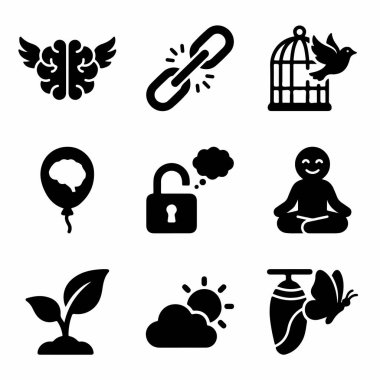 Özgürlük, büyüme, farkındalık, dönüşüm ve zihinsel refah için pozitif düşünme gibi kavramları temsil eden katı siyah simgelerin bir derlemesi..