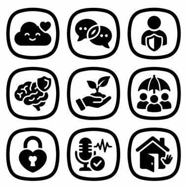 Zihinsel refah, iletişim, kişisel güvenlik, büyüme, sigorta, aşk ve ev hayatı gibi kavramları temsil eden dokuz siyah ve beyaz simge koleksiyonu. Web ve mobil uygulama arayüzleri için mükemmel.