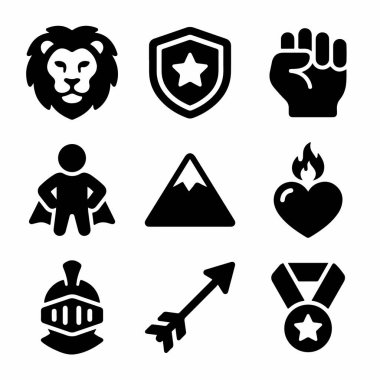 Gücü, cesareti ve başarıyı sembolize eden dokuz siyah simgenin bir derlemesi. Bir aslan, kalkan, yumruk, süper kahraman, dağ, alev alev yanan kalp, miğfer, ok ve madalya içerir..