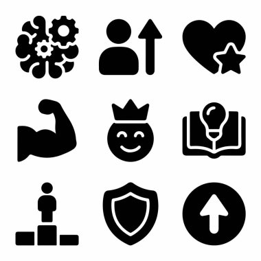 Beyaz arkaplanda dokuz siyah katı simge koleksiyonu. Simgeler zeka, kişisel büyüme, favoriler, güç, liderlik, bilgi, başarı, koruma ve ilerleme gibi kavramları temsil ediyor. Web ve mobil uygulama tasarımı için mükemmel.