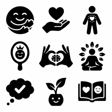 Kendini sevme, zihinsel refah ve kişisel gelişim kavramlarını temsil eden siyah simgelerden oluşan bir derleme. Nezaket, meditasyon, olumlu düşünme ve kendini kabullenme sembolleri içerir..