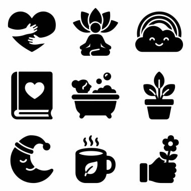 Yoga, okuma, uyku ve sağlıklı bir yaşam tarzı için rahatlama gibi zihinsel refah kavramlarını ve kişisel bakım faaliyetlerini temsil eden dokuz siyah katı ikondan oluşan bir set..