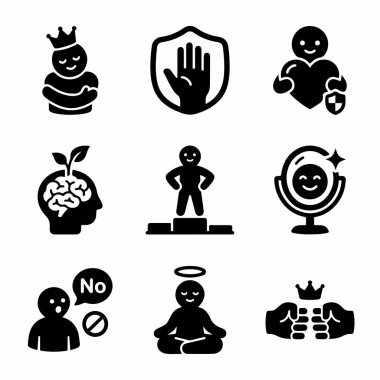 Kişisel gelişim ve güçlendirme için gereken sınırların belirlenmesi, gelişim zihniyeti ve iç huzuru temsil eden dokuz siyah simgenin bir derlemesi..