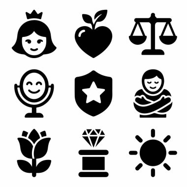 Güzellik, adalet, kendine saygı, sevgi ve değer gibi kavramları temsil eden dokuz tane simge. Bir prenses, kalp, terazi, ayna, kalkan, çiçek, elmas ve güneş içerir.