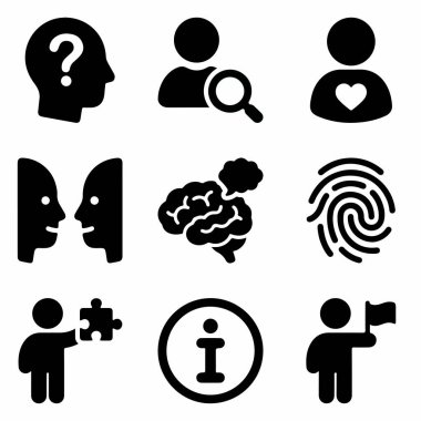 Sorgulama, analiz, duygu, etkileşim, beyin, kimlik, problem çözme, bilgi ve liderlik gibi kavramları tasvir eden dokuz siyah beyaz simge kümesi.