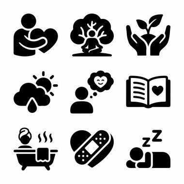 Kişisel bakım, akıl sağlığı ve refahı temsil eden siyah simgelerden oluşan bir derleme. Sevgi, meditasyon, büyüme, iyileşme, rahatlama ve dinlenme sembolleri içerir.