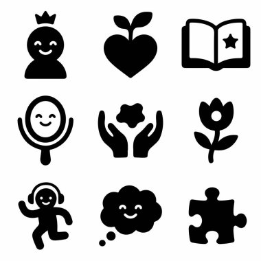 Kişisel bakımla ilgili dokuz katı siyah simge seti, taç giymiş bir kişi, kalp, kitap, ayna, çiçek, dans figürü ve pozitif düşünce baloncuğu da dahil olmak üzere..