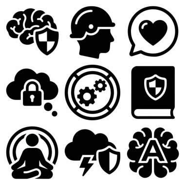 Bu simge paketi, beyin sağlığı, veri güvenliği, refah, mühendislik ve duygusal zeka sembollerini içerir..