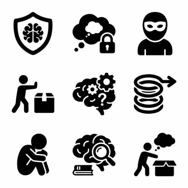 Zihinsel koruma, özel düşünceler, fikri mülkiyet hırsızlığı, depresyon, problem çözme ve öğrenme gibi kavramları tasvir eden siyah simgelerden oluşan bir derleme..