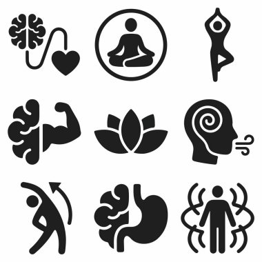 Yoga, meditasyon, zihinsel güç, nefes alma, esneme, zihin, kalp ve bağırsak arasındaki bağlantıyı temsil eden siyah simgelerin bir derlemesi..