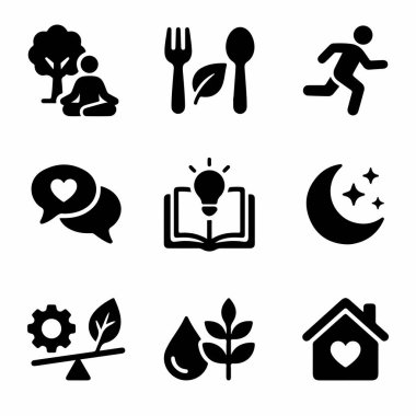 Meditasyon, sağlıklı gıda, egzersiz, uyku, öğrenme, ilişki ve iş hayatı dengesi de dahil olmak üzere dengeli bir hayatın kilit yönlerini temsil eden dokuz siyah simgenin bir derlemesi.