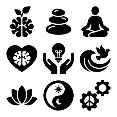 Beyaz arka planda meditasyon, denge, barış, zihinsel sağlık, yaratıcılık ve ruhsal uyum gibi kavramları temsil eden dokuz siyah ve beyaz simgenin bir derlemesi..