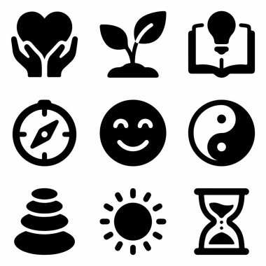 Aşk, büyüme, bilgi, yön, mutluluk, denge, zen, enerji ve zaman gibi kavramları temsil eden dokuz adet siyah sembol. Beyaz bir arkaplanda izole edilmiş.