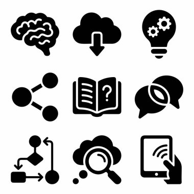 Beyin bulutu indirme fikri de dahil olmak üzere dokuz modern iş ve teknoloji ikonundan oluşan bir koleksiyon kitap paylaşım süreci arama ve tablet sembolleri.