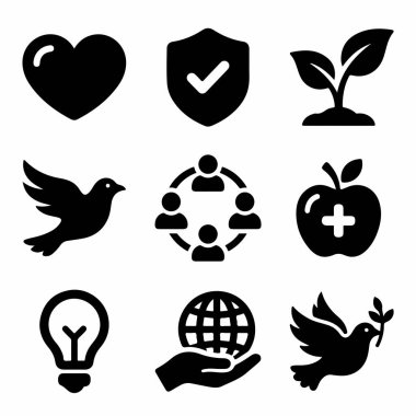 Dokuz siyah beyaz ikondan oluşan çok yönlü bir set. Bir kalp, güvercin, kalkan ve küre de dahil. Sağlık, barış, toplum ve yenilik gibi kavramları temsil etmek için mükemmel..