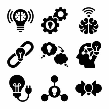 Beyin fırtınası, yenilik, problem çözme ve yaratıcı düşünme gibi kavramları temsil eden dokuz siyah katı ikondan oluşan bir koleksiyon. Ampul, beyin ve vites gibi semboller kullanarak..
