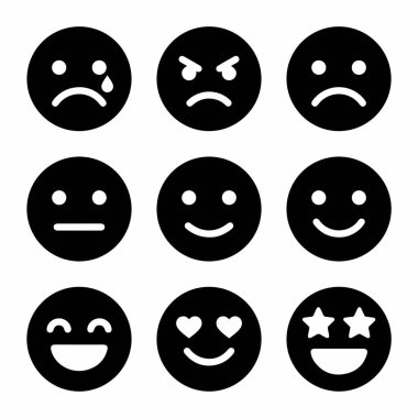 Dokuz basit dairesel simge koleksiyonu. Sette, üzgün, kızgın, tarafsız, mutlu, gülen, aşık ve yıldız çarpmış, beyaz bir arka planda izole edilmiş gibi ifadeler yer alıyor..