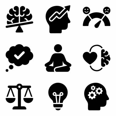 Akli denge, büyüme, ruh hali, meditasyon, duygusal zeka, fikirler ve düşünce süreçlerini bembeyaz bir arkaplanda tasvir eden dokuz siyah simge..